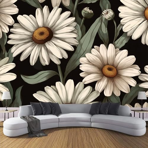 Retro-Pflanzen Seide Fototapete 150×105 cm,Gänseblümchen Fototapete Schlafzimmer Wohnzimmer Moderne Seide Tapete XXL Schwarz Und Weiß Wandtapete Bildtapete Wand Dekoration