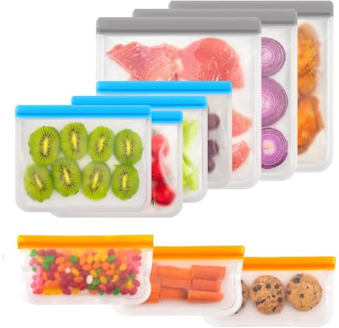 Sacs de Conservation Alimentaire en Silicone Réutilisables - 100% Étanches – Pour Congélation, Cuisson Sous Vide, Lot de 10 – Sans BPA, Lavables au Lave-Vaisselle, Pour Meal Prep