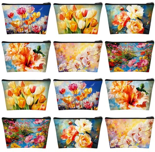 Sweetude 12 Pcs Oil Painting Flowers Makeup Bag Bulk Portable Travel Cosmetic Bags with Zipper Retro Floral Waterproof Roomy Travel Beauty Toiletry Organizer Storage Pouch for Women Gifts
