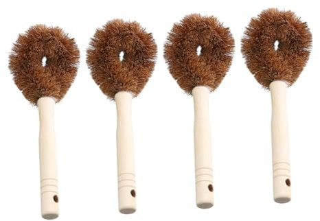 Happyyami 4pcs Coconut Scourer Brush with Long Wooden Handle Ergonomic Pot Pan Cleaning Scrubber for Kitchen Sink and Surface Stain Removal in Home Restaurant Use