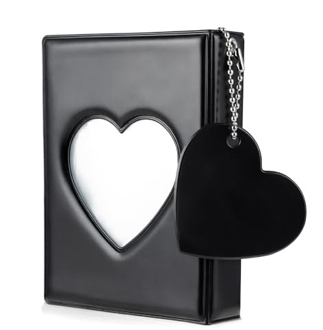 DOPENSPI 9cm Photocard Binder, 32 Fotokartentaschen Mini Photocard Halterbuch Herzförmiger Ausgehöhlter Fotokartenordner mit Liebe Anhänger(Schwarz)