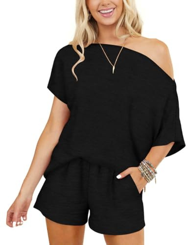 INFITTY Womens Sexy Pajamas Sets Summer Short Sleeve Off Shoulder Lounge Set Comfy 2 Piece PJ Shorts Set Cute Matching Set