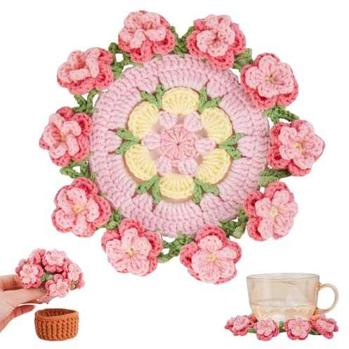 Sottobicchieri all'uncinetto con cesto fatto a mano con bouquet di rose, decorazione kawaii per scrivania, tavolino da caffè, uffici, case e auto