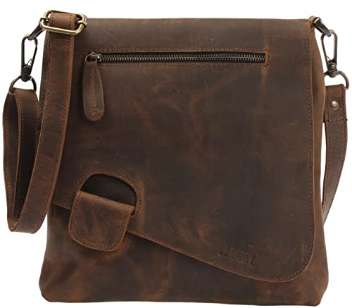 LECONI Umhängetasche Damen-Tasche Crossbag Rinds-Leder Natur Schultertasche Vintage-Look Ledertasche Frauen + Herren Handtasche aus Echt-Leder 29x29x6cm schlamm LE3027-wax