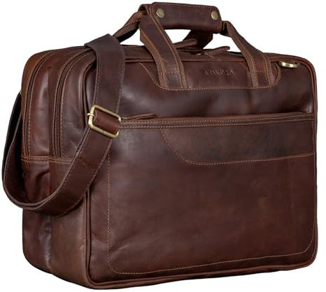 STILORD Astor Große Lehrertasche Leder für Herren Damen Vintage Aktentasche XL Businesstasche Umhängetasche für breite A4 Ordner Laptop Trolley Aufsteckbar Farbe:matt - Dunkelbraun