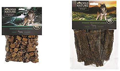 Dehner Wild Nature Hundesnack, Hirsch-Lungenwürfel, naturbelassen, 200 g & Wild Nature Hundesnack, Pferde-Trockenfleisch, 100 g