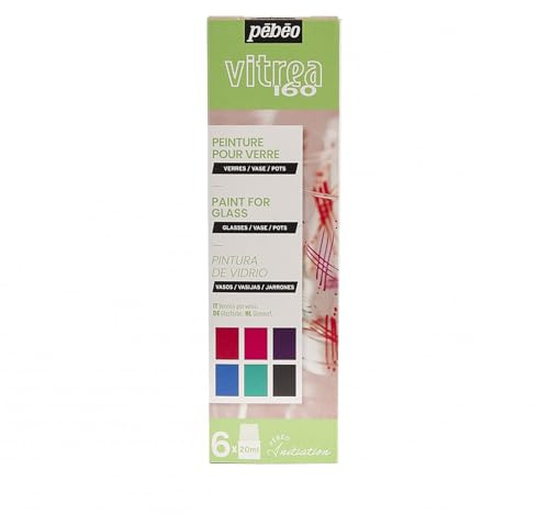 Pébéo Vitrea 160 Starter Set - Glass Paint Kit - 6 x 20 ml Bottles in Assorted Colours: Pepper Red, Vivid Pink, Amaranthine, Cyan, Turquoise, Ink Black