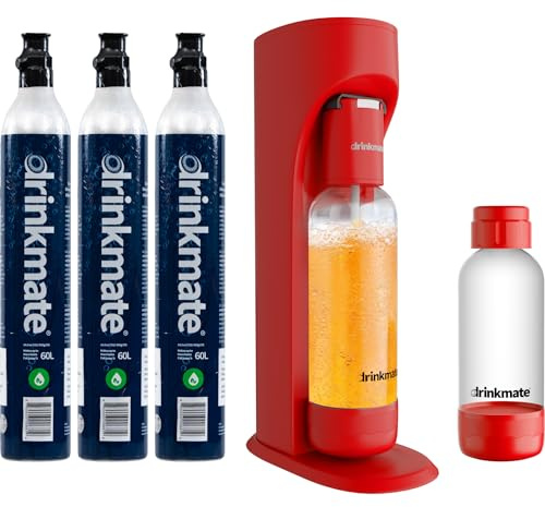Drinkmate OmniFizz Sparkling Water and Soda Maker, Carbonates Any Drink, ULTIMATE BUNDLE - Includes three 60L CO2 Cylinders, Two Carbonation Bottles, and Fizz Infuser (Royal Red)