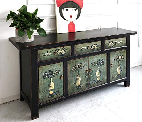 OPIUM OUTLET Wohnzimmer-Kommode, chinesisches Sideboard, Schrank orientalisch schwarz-grün, asiatisches Buffet Anrichte, Wohnzimmer-Schrank Vintage-Stil