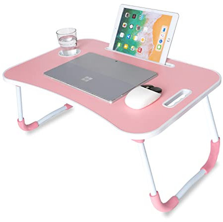 unycos - Bandeja para Cama, Mesa Plegable de Desayuno, Ideal para Portátil, Ordenador y Libros, Ergonómica, Mesa Auxiliar con Atril para Leer en la Cama 60x40x26 cm (Rosa sin Cajón)