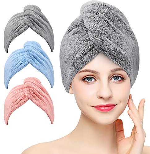 Laicky 3 Stück Mikrofaser Handtuch Haare Haarturban mit Knop zumTrocknen von Haaren, super saugfähig, verdrehter Turban,passend für Lange, Kurze, Locken, gerade Haare, (Grau Rosa Blau)
