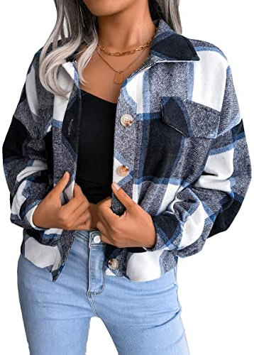 ORANDESIGNE Manteau à Carreaux Femme Élégant Veste Polaire Hiver Chemise Chaude Carreaux avec Poches Cardigan Décontractée Thermique H Bleu Foncé XL