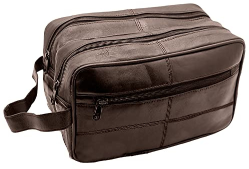 Genuine Leather Mens Wash Bag Toiletry Travel Wash Bag Shaving Bag Bathroom Gym Makeup Organizer Gift for Men & Women (Brown)