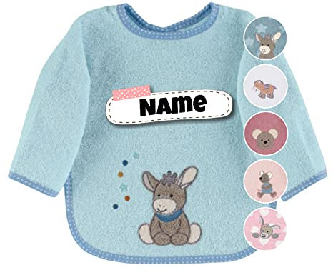 Stickling Sterntaler Baby Lätzchen mit Ärmeln | bestickt mit Namen | Langarm Lätzchen Baby | personalisiert | Latz Baby Geschenk (Emmi Esel hellblau)