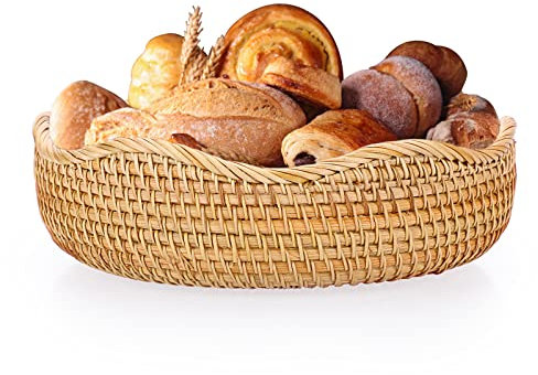 IGNPION Rattan Woven Fruit Basket - Round 23.5cm Bread Serving Basket - Snack & Egg Storage - Decorative Display - Desktop & Countertop