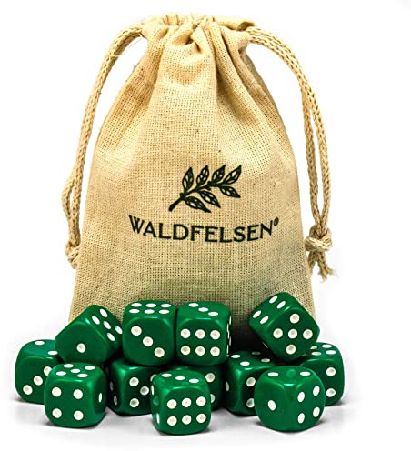 Waldfelsen® Högkvalitativa tärningar, 6, 12, 20, 30 eller 50 stycken, i standardstorlek: 16 mm, 6-sidiga akryltärningar, speltillbehör, i set med tygpåse (grön, 12 stycken)