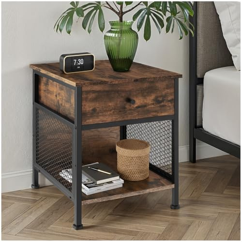 tectake® Mesita de Noche con Rejilla Lateral, Mesa Auxiliar Sofa, Mesitas de Noche, Decoracion Hogar, Mesa Auxiliar Salon, Oficina, Muebles - 46 x 45 x 55,5 cm Madera Industrial Oscura, Rústica