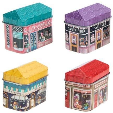 Cabilock Cartoon Storage Box Set of 4 Mini House Shaped Tin Containers with Lids for Home Decor Kitchen Snack Candy Organizers