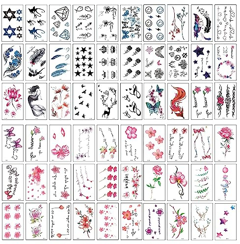 UMCHU 60 hojas de pegatinas de tatuaje para las mujeres,Acuarela flor de mariposa falsa tatuaje pegatinas,Tatuajes falsos realistas,Impermeable tatuaje temporal pegatinas