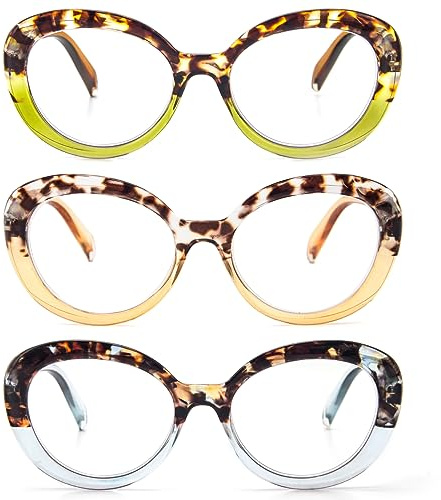 KoKoBin 3 confezioni di occhiali da lettura da donna vintage oversized, lettore di anti-luce blu computer alla moda (3 Pack, 2)