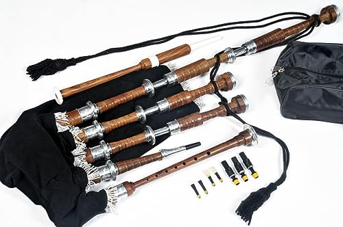 Great Highland Dudelsack von Hakam Din aus natürlichem Cocobolo-Holz mit gravierten Nickel-Silber-Halterungen und schwarzer Abdeckschnur für Schüler, komplettes Starter-Set mit