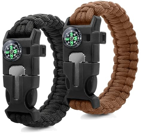 ZSMJAER 2 Piezas Pulsera de Supervivencia,Multifuncional Pulsera Paracord,Con Flint Brújula Silbato,Adecuado para Senderismo,Acampada,Montañismo y Actividades al Aire Libre (Marrón)