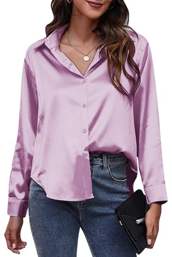 Maeau - Chemisiers Femme Chemise à Manches Longues Satin Chemisies d'affaires Élégante Top Décontracté Revers à Boutons Solide - Violet - M