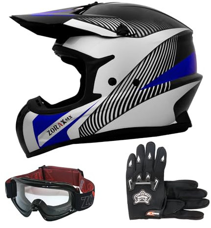 Zorax Black/Silver/Blue L (59-60cm) Motocross Off Road Helmet & Black Gloves L(10cm) & Goggles - MX Quad Dirt Bike ATV Sports Enduro Crash Helmet ECE2206
