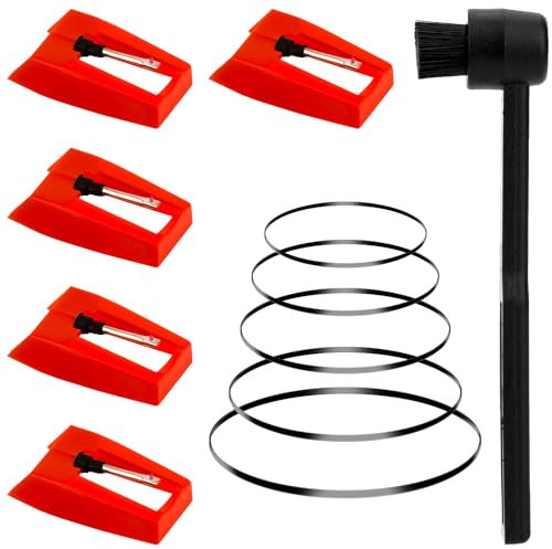 5 Stück Nadeln für Schallplattenspieler, Plattenspieler Ersatznadel mit 5 Plattenspieler-Riemen und 1 Reinigungsbürste Plattenspieler-Nadel-Zubehör für Crosley Victrola (Rot)