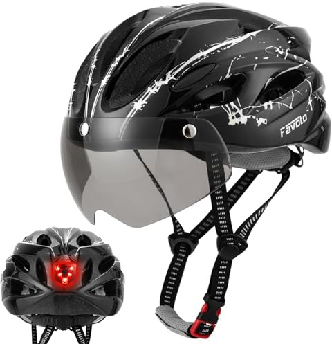 Favoto Casco da Bicicletta con Visiera Luce - Caschi Bici Ciclismo Leggero per Adulti Uomo Donna Tecnologia Inmould Fodera Removibile Traspirante 59-61cm Regolabile Nero Bianco