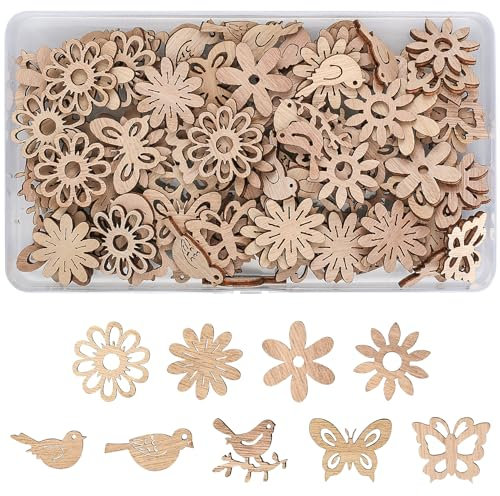 110 piezas de formas de madera para manualidades, adornos de flores, mariposas, pájaros, rodajas sin terminar para hacer tarjetas, adornos, decoraciones