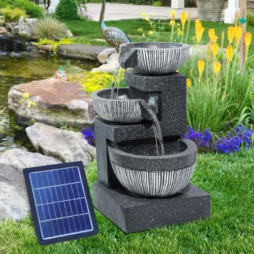 Warmiehomy Solar Garden Water Feature - 3 Tier Bowl Shaped Fountain with Lights - Decorative Solar Pond Waterfall Feature Ornaments
