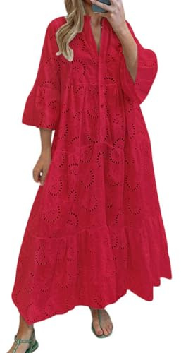 chouyatou Women's 2026 Lace Eyelet Embroidery Maxi Dress V-Neck Trumpet Sleeve Boho Flowy Swing Dress (Large, Red)
