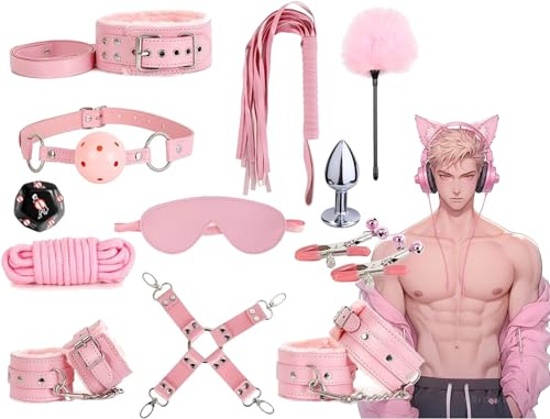 KaMieeg Multifunzionale 12 Pezzi in Pelle Rosa, Allenamento Premium PU Foderato di Peluche, Esercizi Regolabili per Gambe, Collo, Yoga, Polsi, Regalo Originale -K7
