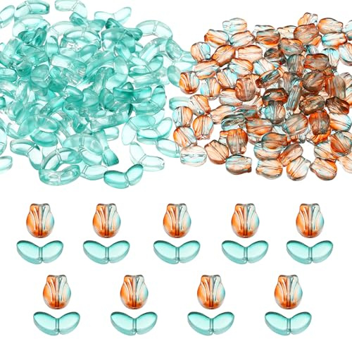 PATIKIL Tulip Flower Crystal Glass Beads, 200 Pack Texture Flower Bead Handcrafted Glass Spacer Bead for Jewelry Making Bracelet Earring, Brown/Green