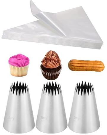 Churro - Bolsas y boquillas extragrandes, 3 puntas de tubería de estrella francesa para Eclairs y 20 bolsas desechables de repostería de 18 pulgadas
