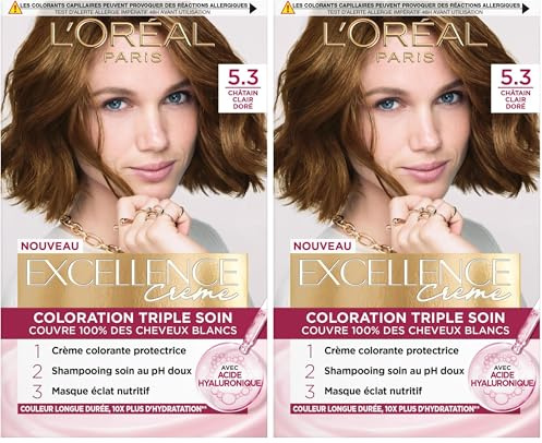 L'Oréal Paris - Excellence Crème - Kit de Coloration Permanente Triple Soin de Cheveux - 100% Couverture Cheveux Blancs - Nuance 5,3 Châtain Clair Doré (Lot de 2)