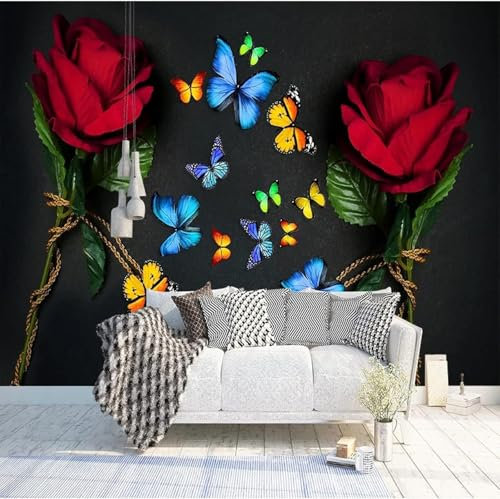 Tzxztt Simple Vintage Red Rose Butterfly Modern 3D Wallpaper Embossed Silk Neutral Tones Material Ideal for Living Room Bedroom-300cm×210cm