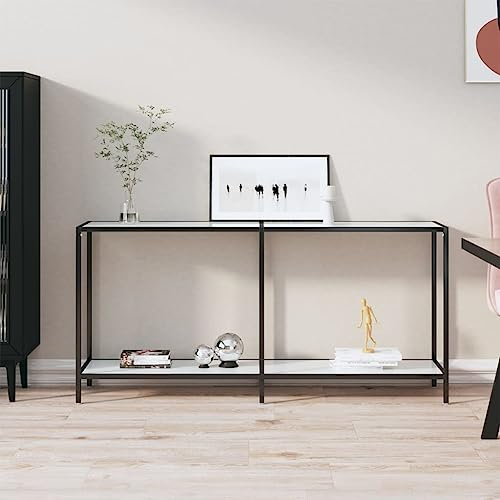 WKIEQACO Tische, Akzenttische, Beistelltische, Konsolentisch, weiß, 160 x 35 x 75,5 cm, gehärtetes Glas