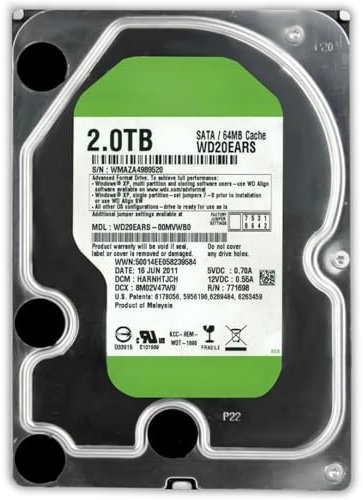 SIMPLETEK - Disco duro interno 3.5 WD20EARS de 2TB | Interfaz SATA III, 5400 RPM, Caché 64 MB | Alta capacidad para PC (reacondicionado)