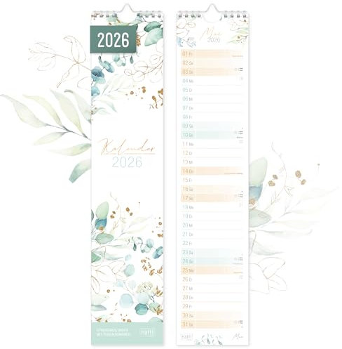 Häfft® Streifenkalender 2026 lang & schmal (9 x 42 cm) Monats-Wandkalender für Küche, Flur & Co - übersichtliche Termine & Geburtstage Blattgold- nachhaltig & klimafreundlich