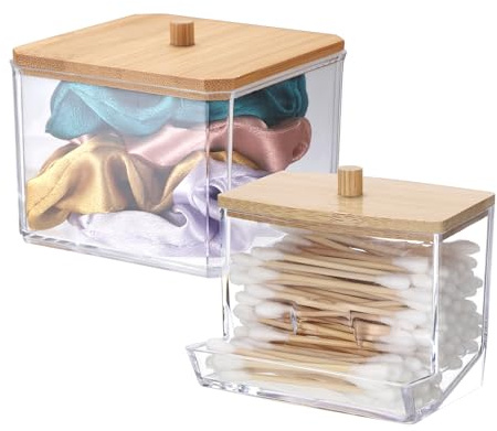 SUMTree 2 PCS Square and L-Shape Qtip Cotton Ball Holder Acrylic Qtip Dispenser with Bamboo Lid, Floss Swab Dispenser, Bathroom Storage Jar Canister, Plastic Apothecary Jar for Kitchen Bathroom