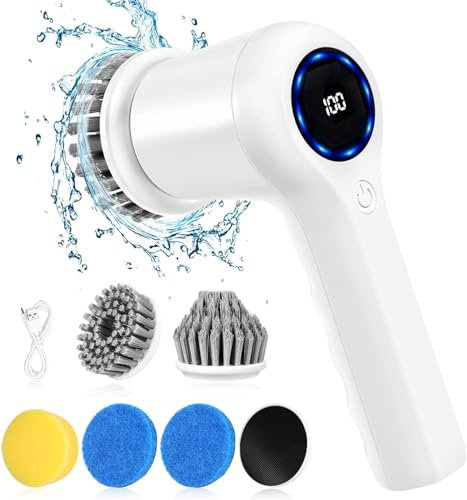 Airlovers electric cleaning brush with dual-speed spin & LED display, 6 replaceable heads, 5-hour run time, the ideal electric scrubber for bathroom, kitchen, bathtub, stove, car, tile, window