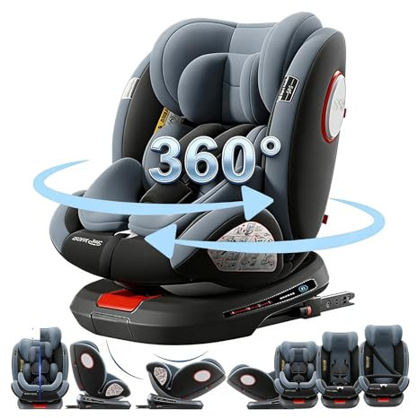 Doraystar 360° Drehbare Autositze: Liegeautositze mit Verstellbarer Kopfstütze und 5-Punkt-Sicherheitsgurt, Isofix, Gruppen 0/1/2/3, 0-36 kg, ECE R129 Zertifiziert (Grey)