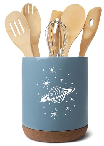 Elanze Designs 8 inch Galactic Stars and Planet Ceramic Kitchen Utensil Holder Sky Blue and White Crock with Cork Base Large Cooking Utensil Organizer for Countertop