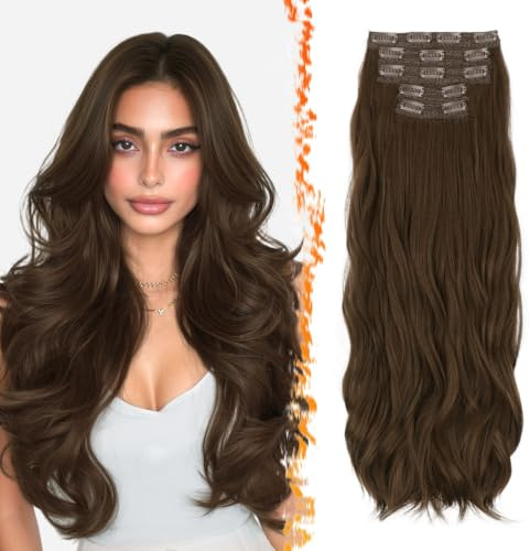 BARSDAR Clip in Extensions, 50cm Wellige Clip in Kastanien Haarverlängerungen für Frauen 5PCs Voller Kopf Haar Natürliches Look Synthetisches Haarteil Haarextension - Mittel Kastanien Braun