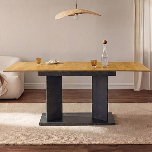 B&D home Esstisch Vivian, ausziehbar 120-160x80 cm 4-6 Personen Küchentisch Holztisch mit Säule für Esszimmer, Küche, skandinavisch modern Design, Wildeiche Marmor Optik, 11201-VM-EIWL