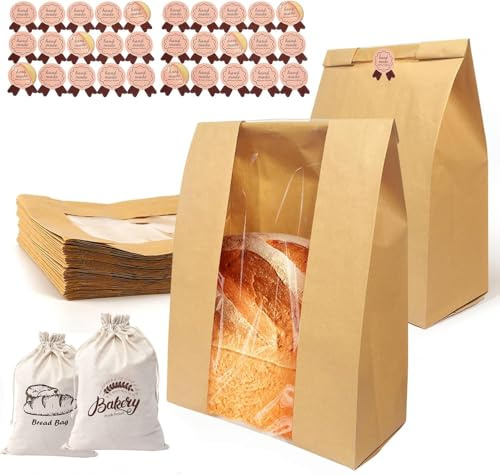 20 Pack Sourdough Bread Bags with Window for Homemade Bread Storage | Kraft Paper Bakery Bags for Cookies, Snacks & Gifts | Includes 30 Sealing Stickers & 2 Pcs Linen Cotton Bag
