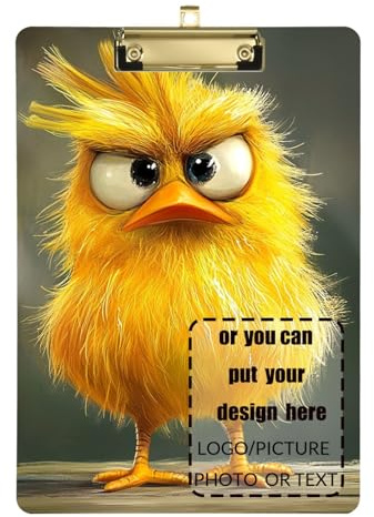 Klemmbrett mit Cartoon-Motiv, lustiges Haustier-Huhn, personalisierbar, hart, transparent, für Schüler, Mädchen, Kinder, Lehrer, Klemmbrett, Größe 22,9 x 30,5 cm