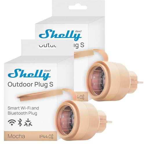 Shelly Outdoor Plug S Gen3 Dopplepack, WLAN Smarte Steckdose für den Außenbereich, IP44, Matter-Zertifiziert, 12A, 2500W, Außenbeleuchtung, Leistungsmessung, Außenautomatisierung, Alexa, Google